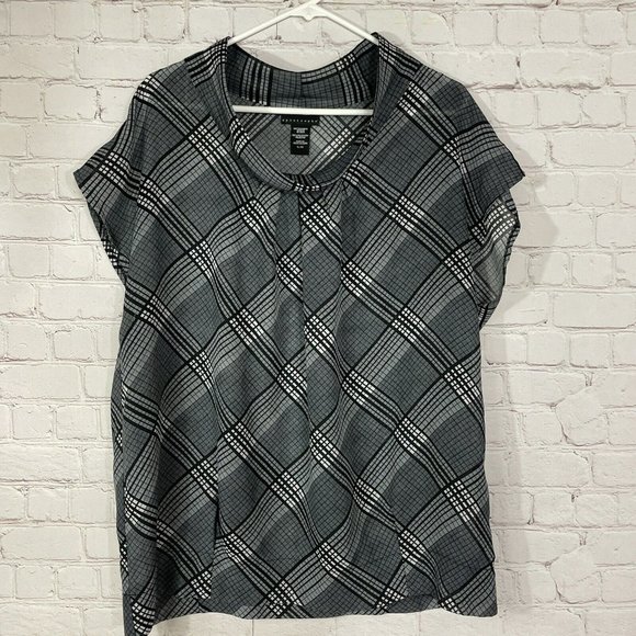 EUC Apostrophe Semi Sheer Black White Tartan Plaid Drop Shoulder Top Blouse XL - Picture 1 of 7